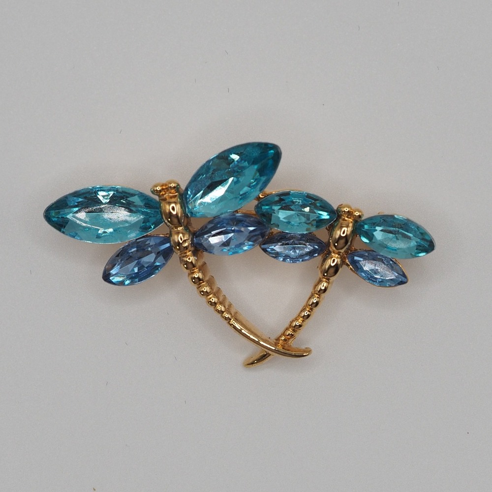 Vintage Brooch Dragonfly Figural Blue Teal Marquise Rhinestone Gold Tone Pin